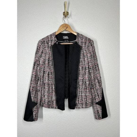 Karl Lagerfeld Womens Tweed Double Zip Moto Jacket Blazer IT 44 US Medium - Picture 1 of 8